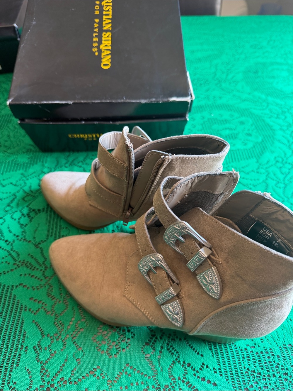 Christian Siriano Taupe Suede Pointed Ankle Boots with Triple Buckle Straps - Picture 3 of 7
